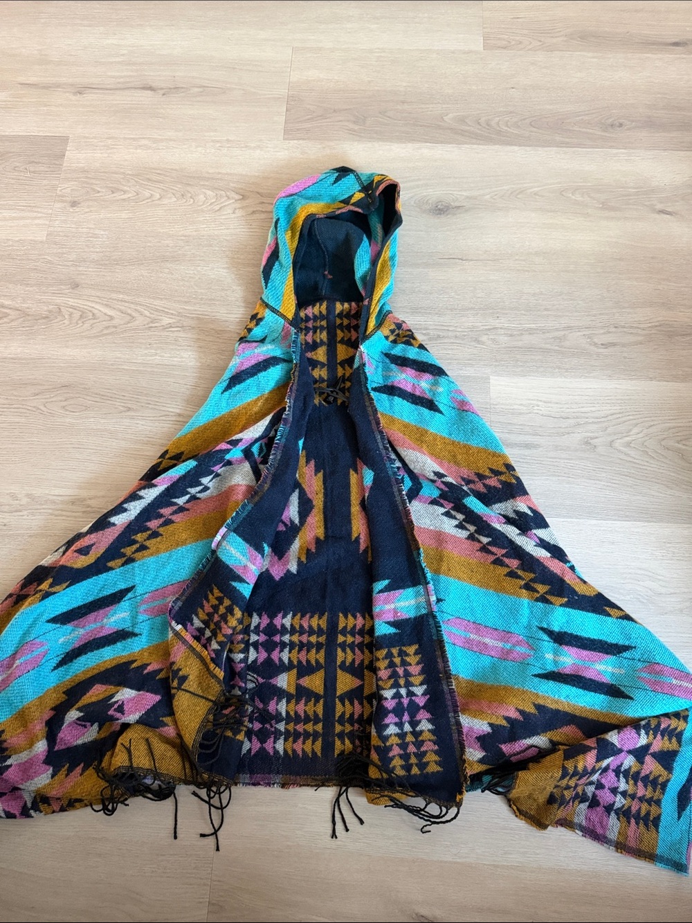 Boho Hooded Aztec Knit poncho in Teal and Mustard